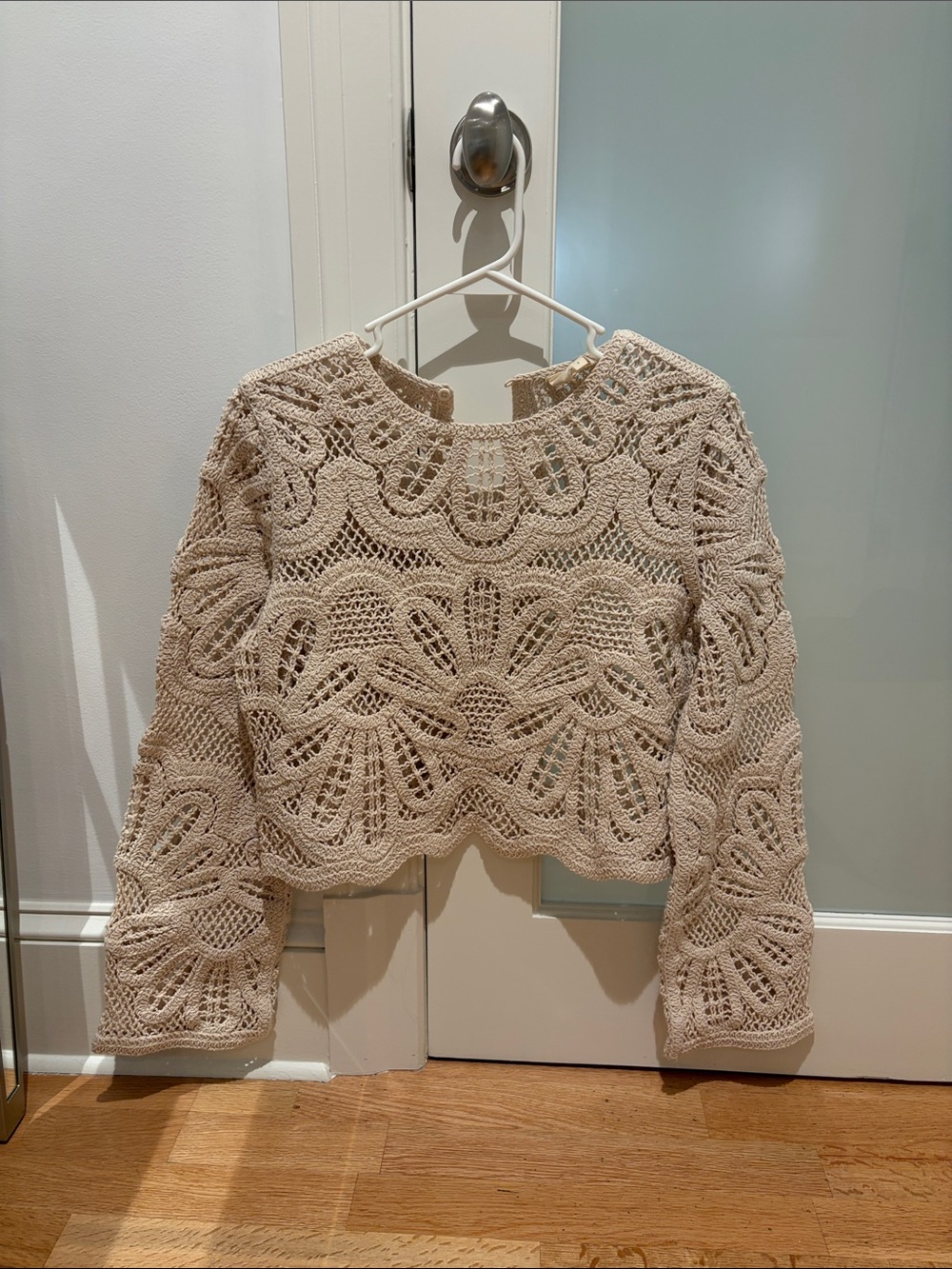 Sezane Crochet Lace Knit Top in Beige